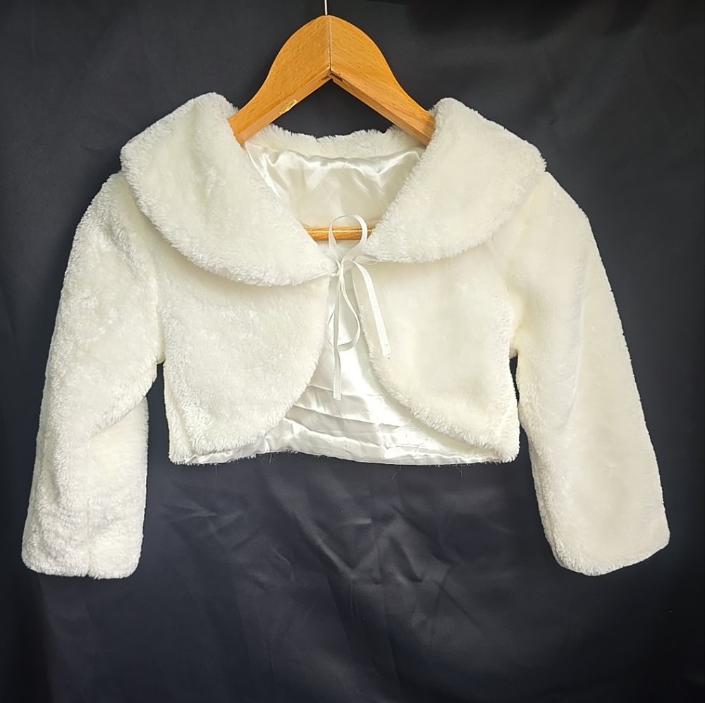 Girls White Faux Fur Cropped Shacket Shawl Jacket Tie Front Formal Winter MED